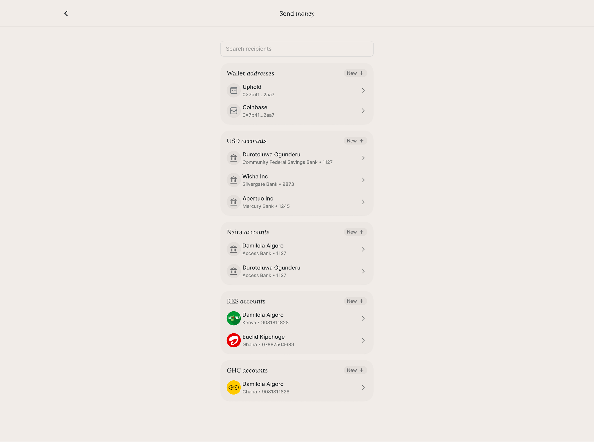 Daya send money interface showing wallet addresses and local currency accounts