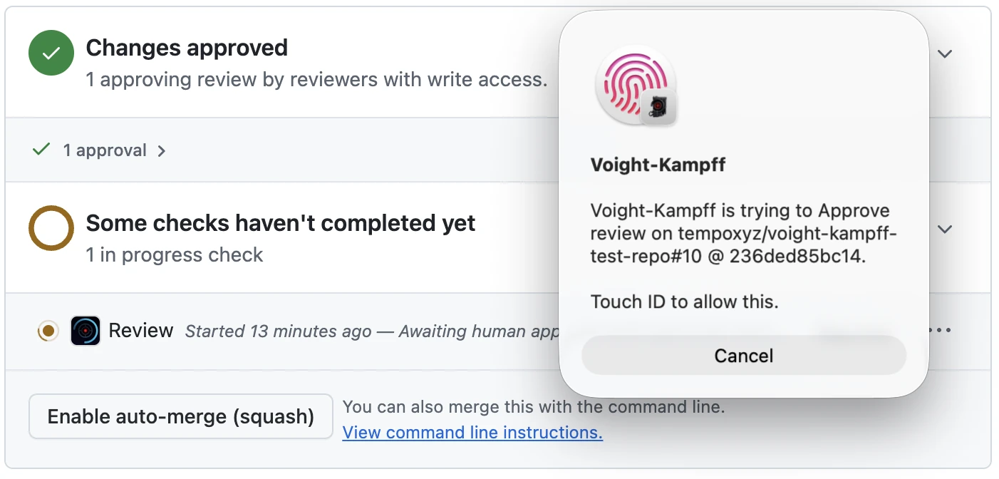A Voight-Kampff Touch ID prompt showing the repository, pull request, and commit being approved