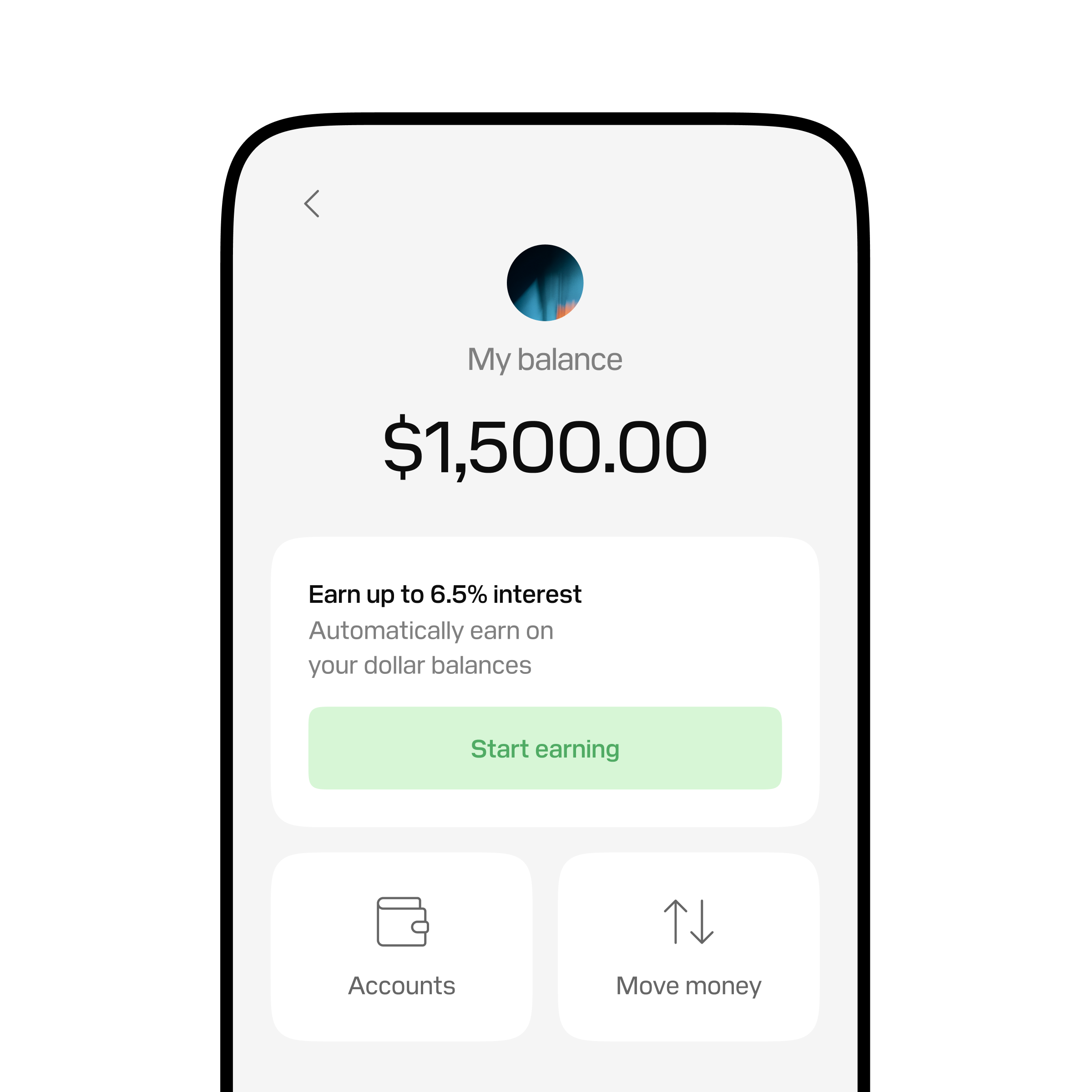 Earn balance interface showing an interest rate and dollar balance